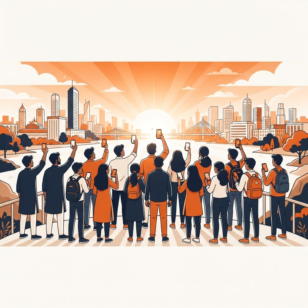 Illustration of young Indians engaging with a digital social movement on their phones