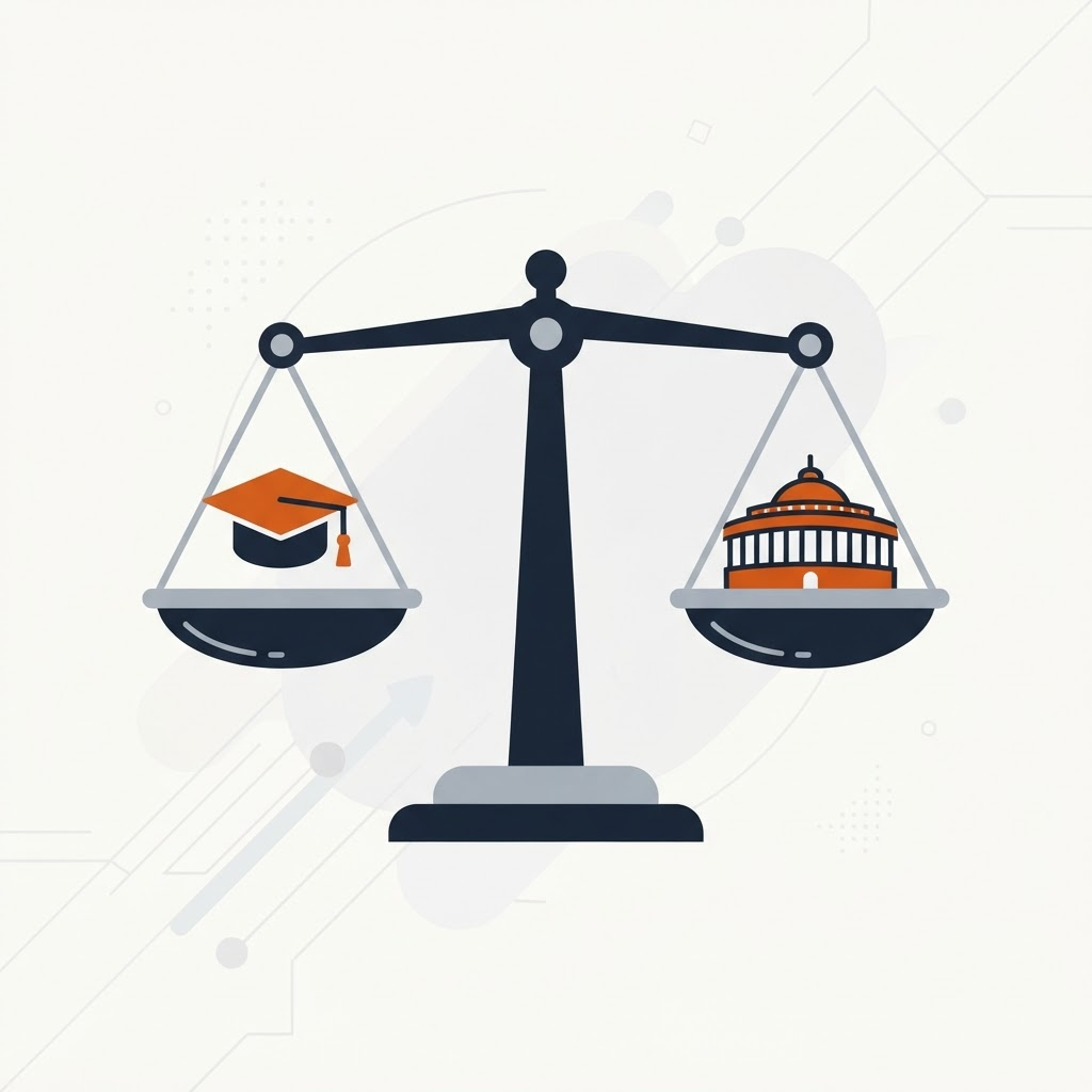 Illustration of a balanced scale weighing education and government policy, representing India's reservation debate